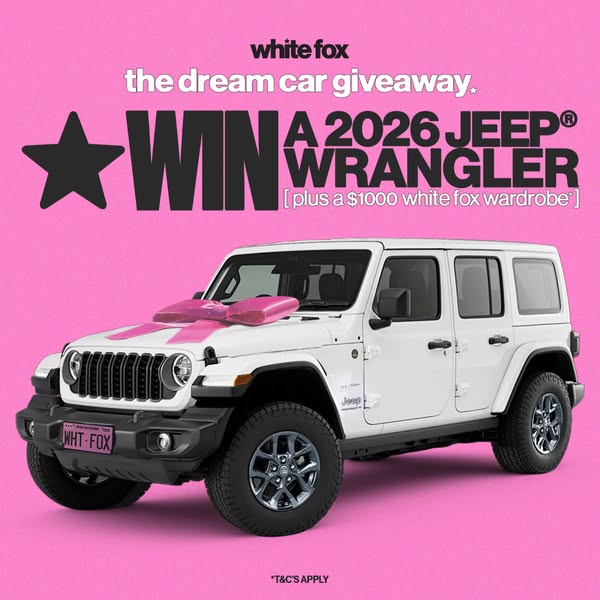 This ad promotes a giveaway from White Fox for a 2026 Jeep Wrangler plus a $1000 White Fox wardrobe.