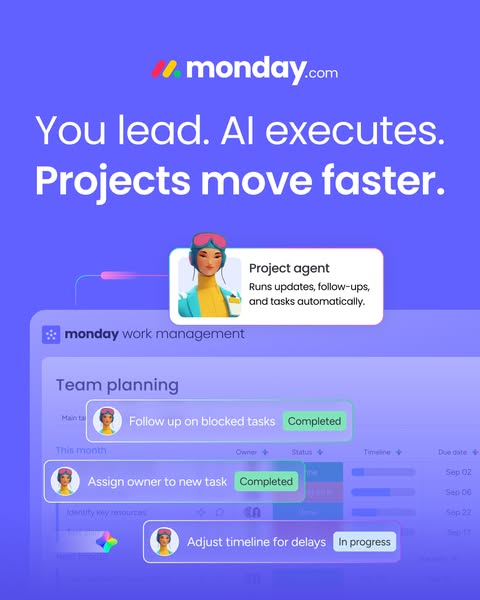 The image ad promotes monday.com as a work management tool that makes projects move faster. It highlights the AI-powered