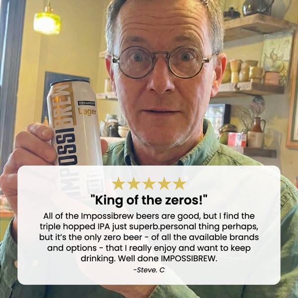 An image ad featuring a man holding an Impossibrew Lager while sharing his positive experience with the brand's non-