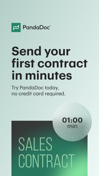 The ad shows a minimalist graphic of the PandaDoc brand with text indicating that the viewer can send their first contra