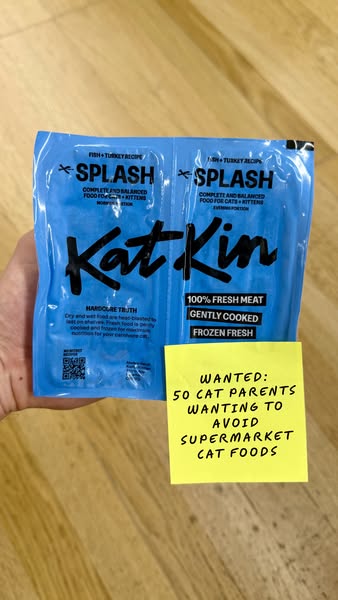 This image ad features KatKin cat food packaging alongside a handwritten note urging cat parents to avoid supermarket ca