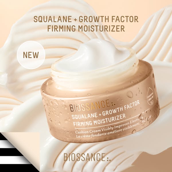 A product shot promoting Biossance's new Squalane + Growth Factor Firming Moisturizer.