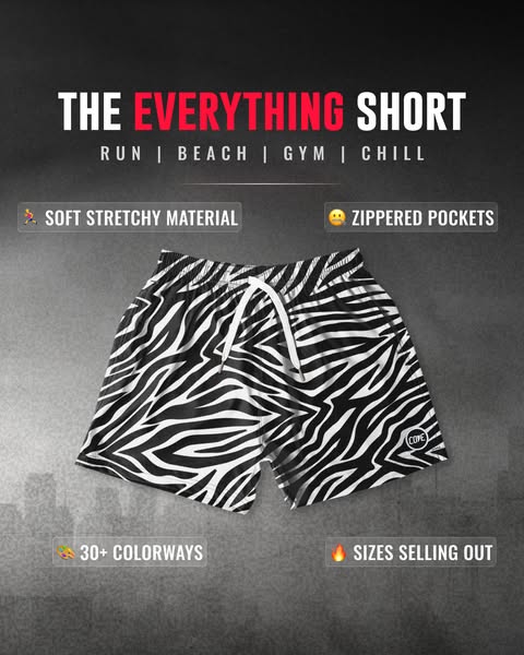 This ad showcases the features of a versatile short for running, going to the beach or gym, or chilling. It features a z