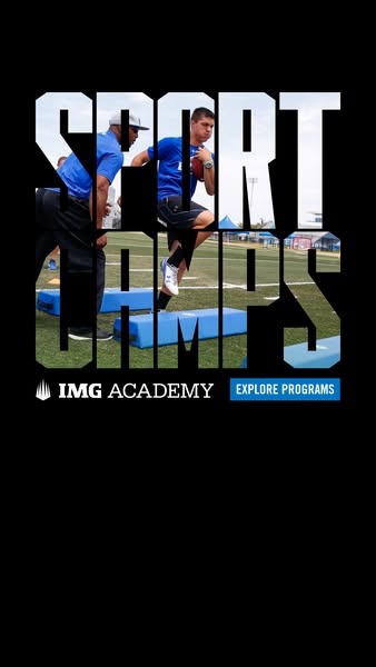 This ad promotes IMG Academy's sports camps, featuring an image of athletes training on a field, with the words &quo