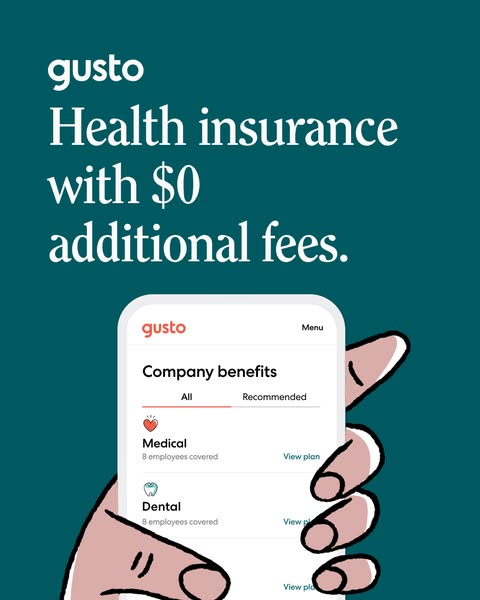 This ad for Gusto promotes its health insurance offerings with no additional fees. The ad features a hand holding a smar
