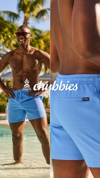 This ad uses a split screen format to showcase men's swim trunks with a pattern. The ad highlights the fit of the sh