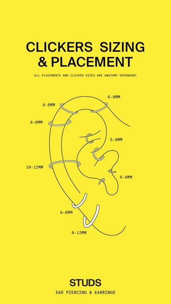 This ad provides a reference guide for the customer on the placement and sizing for clicker earrings and studs.