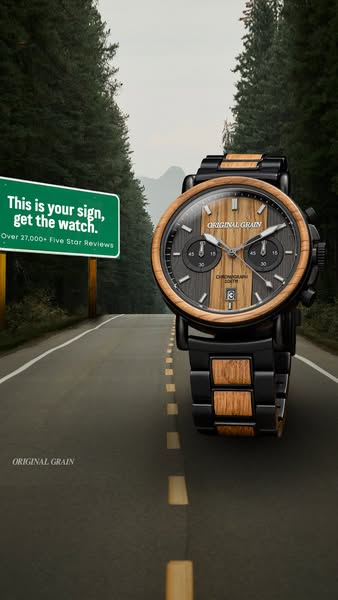 This image ad for Original Grain features a watch with a wood and metal band in front of a road and tree backdrop, with 