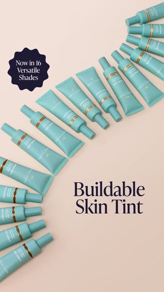 Ad for Westmore Atelier Buildabe Skin Tint. The ad shows multiple tubes of skin tint arranged in a winding line on a tan