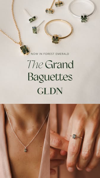 This ad showcases jewelry from GLDN's 'The Grand Baguette' collection in a new forest emerald color. The ima