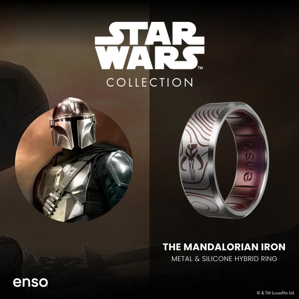 This ad for Enso features their Star Wars collection ring with 'The Mandalorian Iron' design.