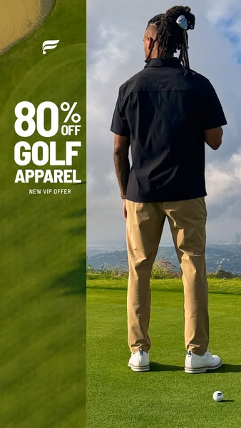 This image ad for Fabletics promotes an 80% off sale on golf apparel for new VIP members. It features a golfer standing 
