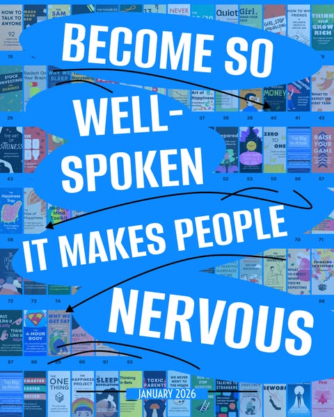 This ad shows a photo of a shelf full of books with blue speech bubble shapes covering parts of the books. The text in t