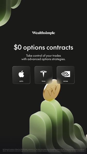 Wealthsimple promotes their $0 options contracts for advanced traders, highlighting recognizable stock options like Appl