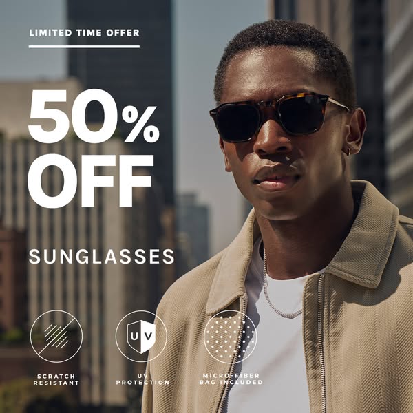 This image ad promotes sunglasses with a 50% discount for a limited time. The ad features a man wearing sunglasses with