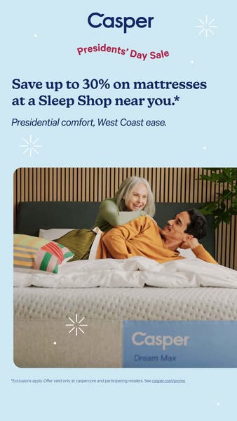 This ad for Casper advertises a President's Day Sale. It shows a couple relaxing on a Casper Dream Max mattress and 