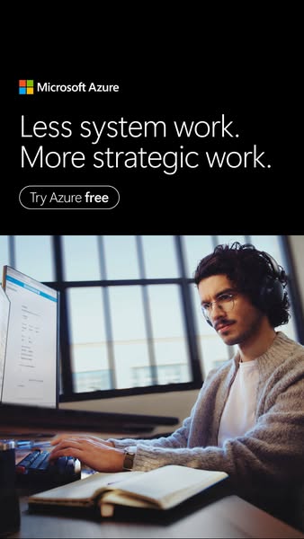 This image ad for Microsoft Azure highlights the benefit of using Azure to reduce system work and increase strategic wor