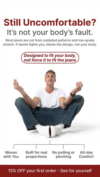 This image ad challenges the assumption that discomfort in jeans is due to body shape, suggesting instead that ill-fitti
