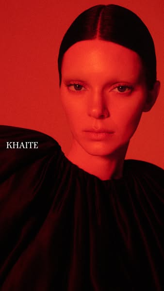 This ad features a close-up of a model with the brand name, Khaite, displayed next to her.