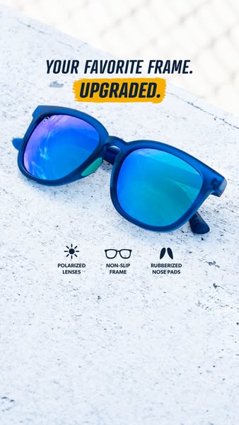 This ad showcases blue sunglasses with an emphasis on upgraded features.