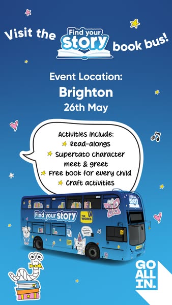 This ad promotes the Find Your Story book bus event in Brighton on May 26th. The ad features a cartoon-style double-deck