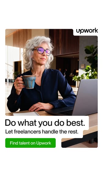 This image ad for Upwork shows a professional woman sitting at a desk with a laptop and coffee. The ad encourages viewer