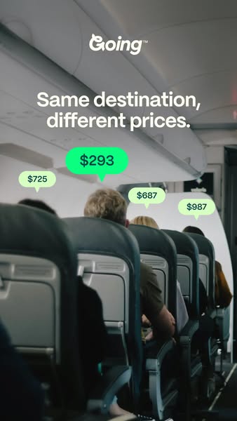 This image ad for Going.com shows an airplane aisle with prices in speech bubbles above each seat to illustrate how Goin