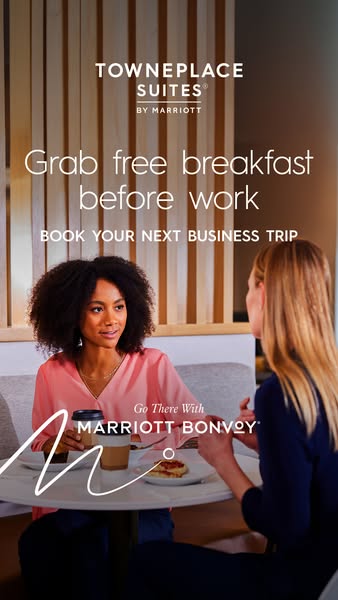 This ad for TownePlace Suites by Marriott encourages viewers to book their next business trip and enjoy the hotel's 
