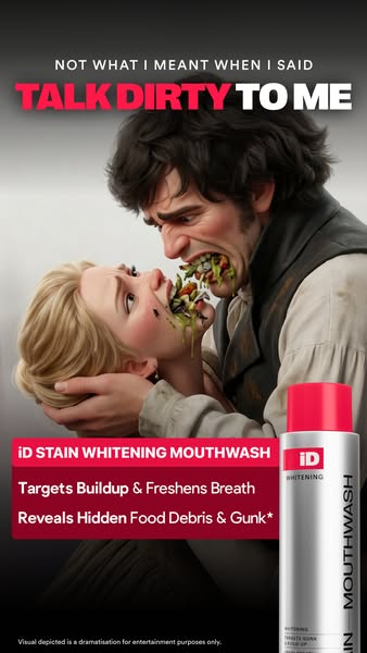 This ad for iD Stain Whitening Mouthwash uses shock humor to highlight the mouthwash's ability to target buildup and