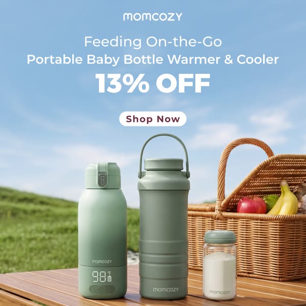 This image ad for Momcozy promotes their portable baby bottle warmer and cooler, highlighting its convenience for on-the