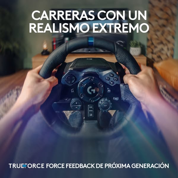 This ad showcases a person using a Logitech racing wheel while playing a racing game. The ad highlights the realistic ex