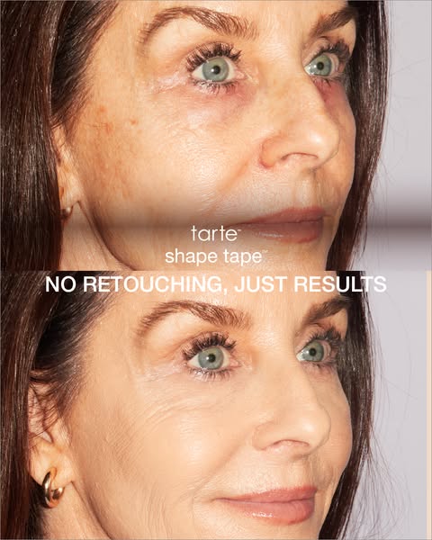 An ad for Tarte Shape Tape concealer features a before and after split-screen of a woman's face, demonstrating the p