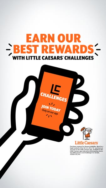 This image ad promotes the Little Caesars app and the rewards program available through the app. The ad uses a cartoon h