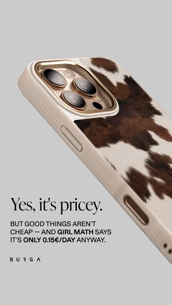 Ad for a phone case brand, Burga, that shows a phone case with a brown and white cow pattern. The ad copy acknowledges t