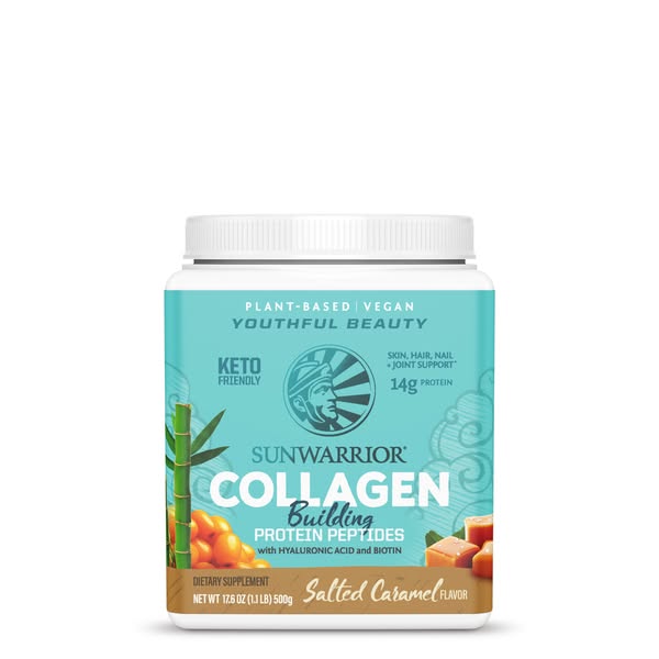This ad for Sunwarrior collagen protein peptides highlights the youthful beauty benefits, plant-based and vegan ingredie