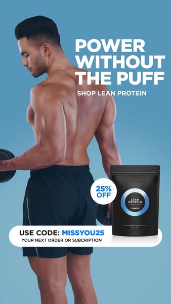 Ad for Lean Protein featuring an image of a man with a muscular back lifting a dumbbell and a discount offer.