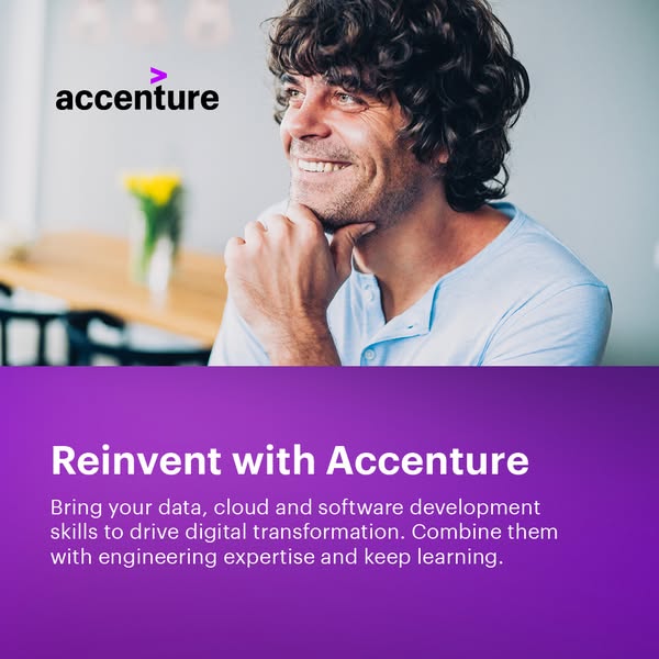 This image ad for Accenture features a man looking thoughtfully into the distance. The ad encourages viewers to reinvent
