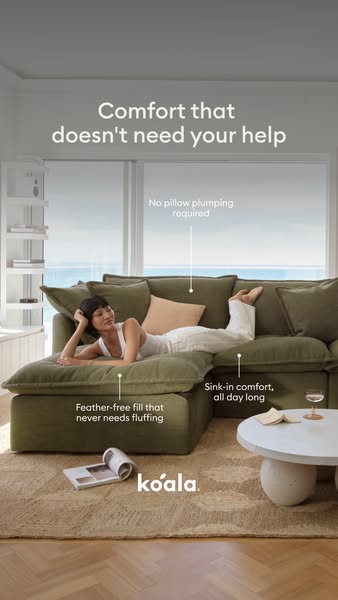 This image ad showcases a Koala brand sofa, emphasizing its comfort and ease of maintenance. It highlights features like