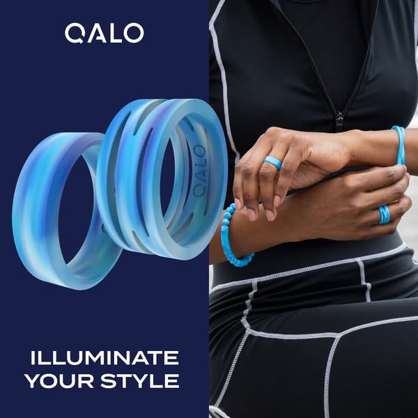 This ad showcases QALO rings, highlighting their stylish design and suitability for active lifestyles. The ad features a