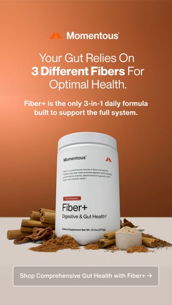 This ad for Momentous Fiber+ highlights its benefits for digestive and gut health using three different kinds of fiber. 