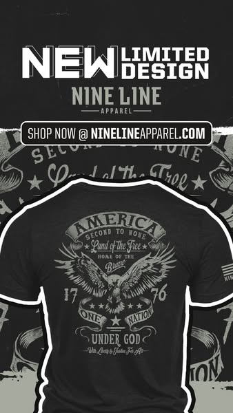 This image ad for Nine Line Apparel features a black t-shirt with a patriotic design on the back, promoting the brand