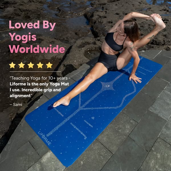 An ad featuring a testimonial for Liforme yoga mats. A woman is using the yoga mat while doing a yoga pose. The testimon