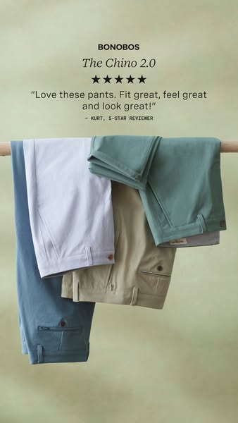 This image ad for Bonobos features a testimonial and 5-star rating to promote The Chino 2.0 pants. The ad showcases the 