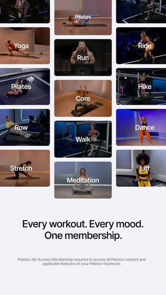 This Peloton image ad showcases a grid of various workout options available through their platform. The ad emphasizes va