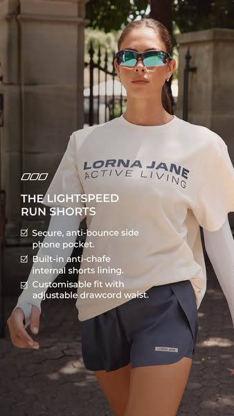This ad features a woman wearing the Lorna Jane brand's Lightspeed Run Shorts. The ad calls out the product's fe