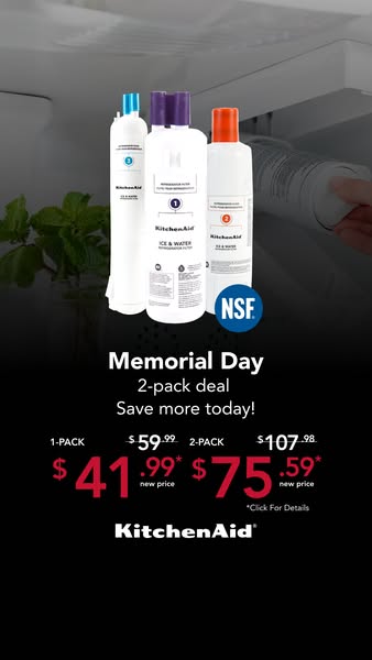 This image ad is for KitchenAid ice and water refrigerator filters. It advertises a Memorial Day deal on a 2-pack of the