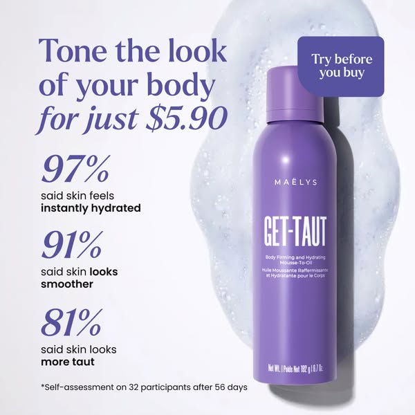 This ad for Maelys Get-Taut body firming mousse presents key product features and benefits using a visually appealing la