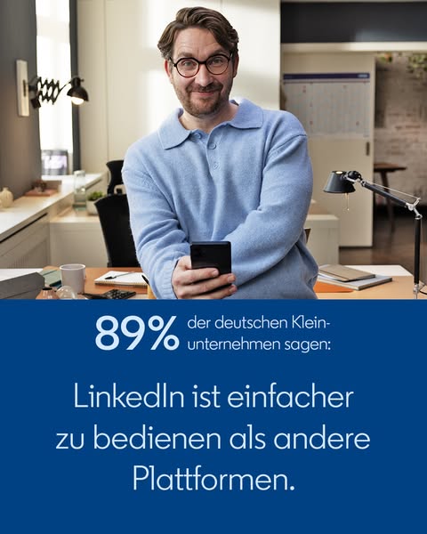 This ad for LinkedIn presents a statistic that 89% of German small businesses say LinkedIn is easier to use than other p