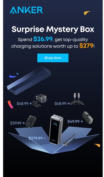 This Anker ad promotes a 'surprise mystery box' of top-quality charging solutions for a set price of $26.99, wor