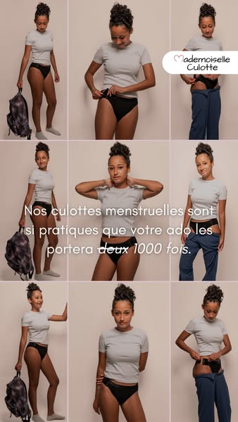 This image ad showcases a young woman wearing Mademoiselle Culotte period underwear in a grid of nine images. The images